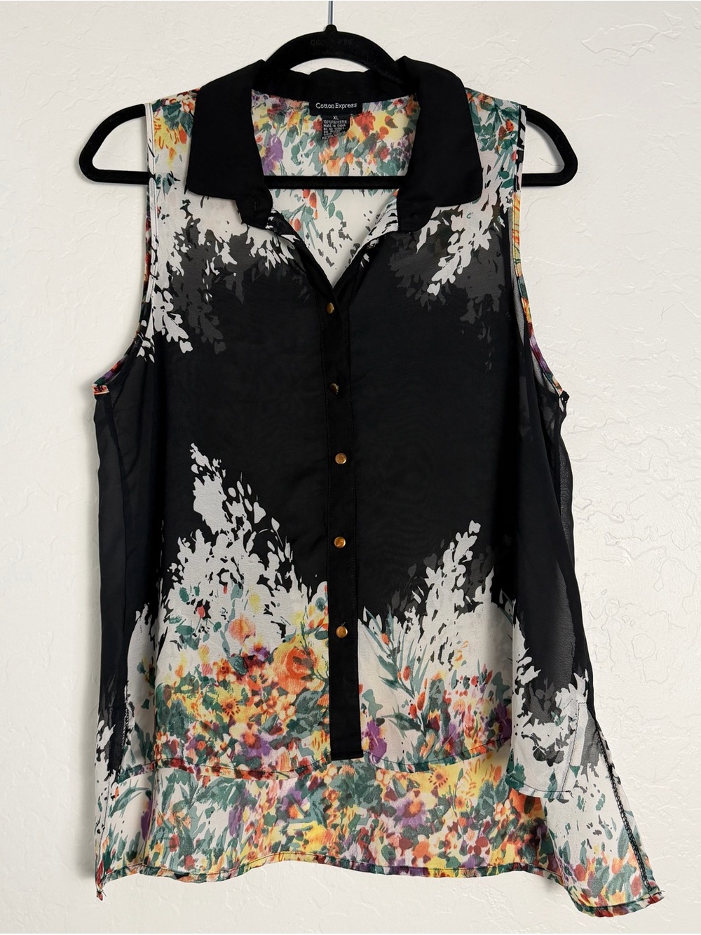 Cotton Express Women's Large Sleeveless Sheer Blouse Floral Pattern hi-lo hem